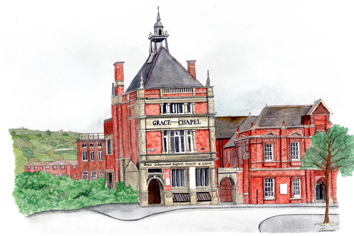 Watercolour painting of Grace Chapel, Folkestone